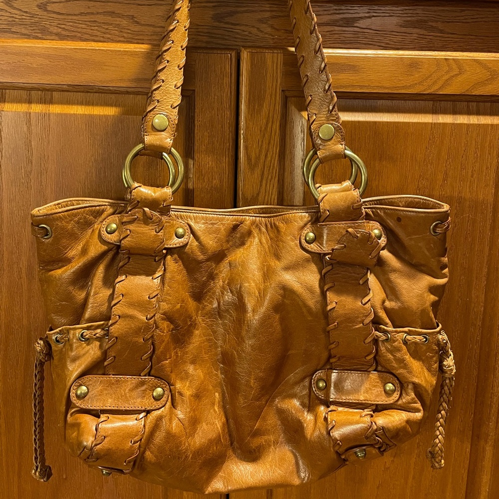 Tan/brown double strapped satchel bag